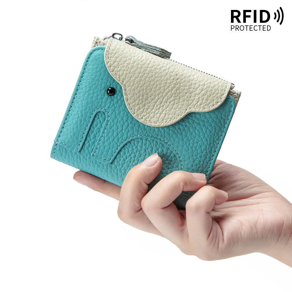 Women RFID Blocking Genuine Leather Bifold Wallet Cute Elephant Pattern Color Matching Card Purse with Coin Pocket & Cash Slot