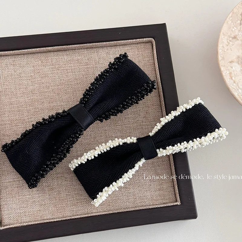 South Korea Hair Accessories Top Clip High-Grade Beaded Edge Graceful Bow Hairpin Spring Clip Dongdaemun Hairpin Headdress