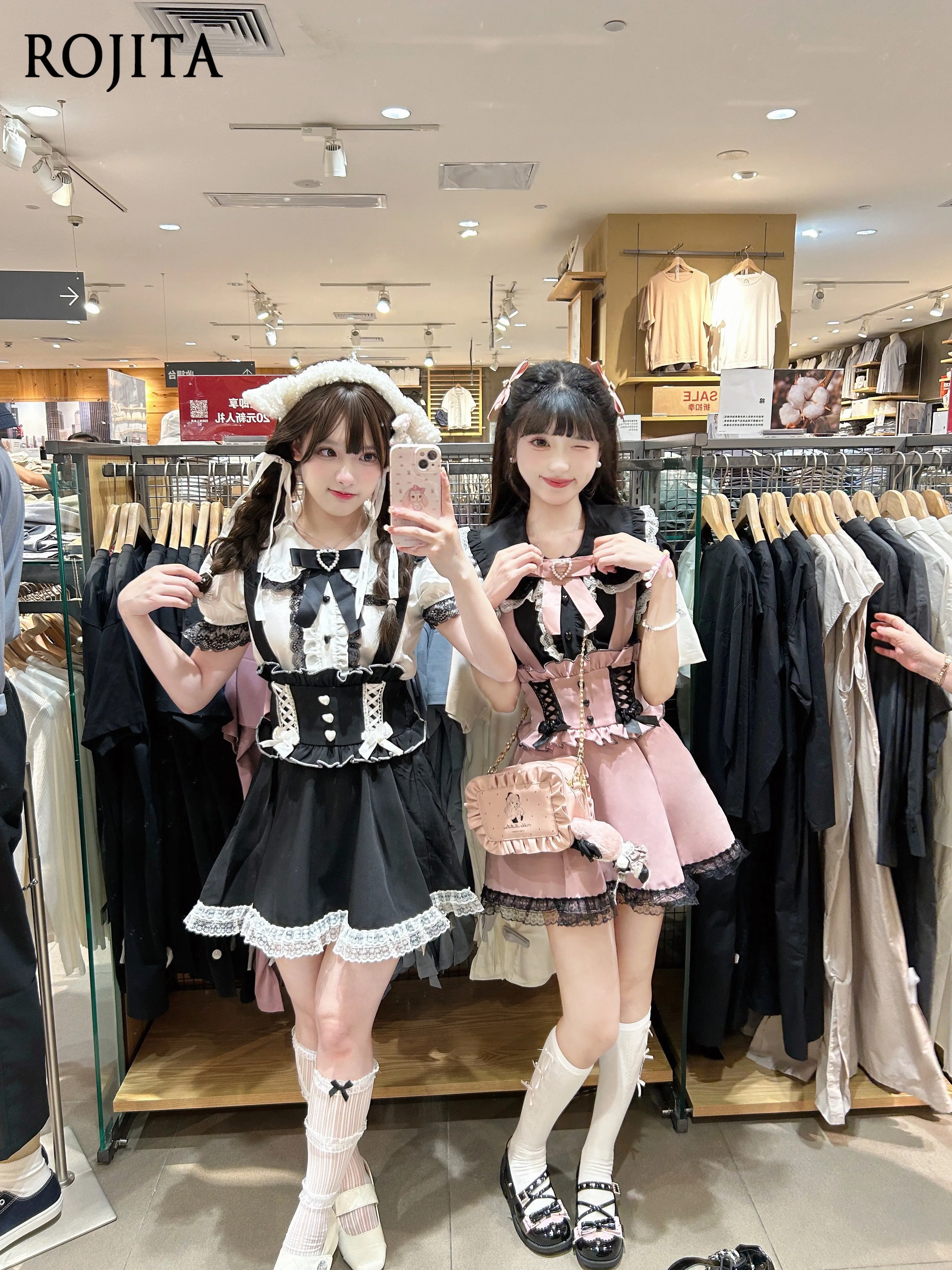 

Japanese Sweet Lace Patchwork Lolita High Waist Strap Dress with Ruffled Small Flutter Sleeves and Bow Tie Lace Skirt 2025 New