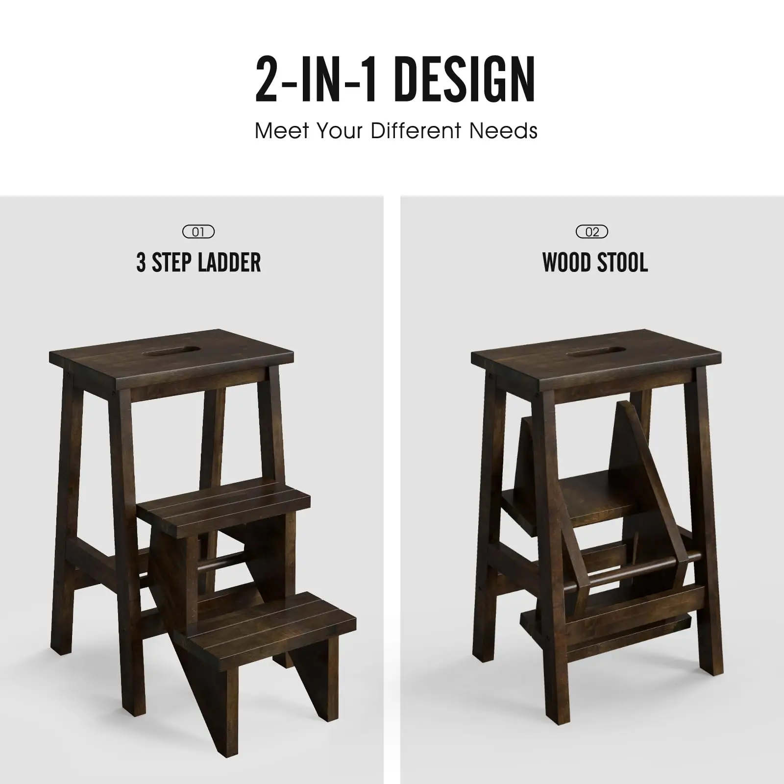 Folding 3 Tier Step Ladder, Multifunction 3-in-1 Wood Step Stool with Anti-Slip, Convenient Handle, Display Ladder and
