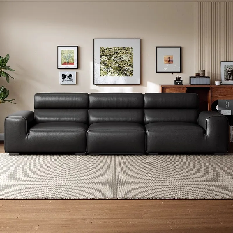 High back big black cow sofa when adding Italian minimalist living room top layer cowhide black leather sofa