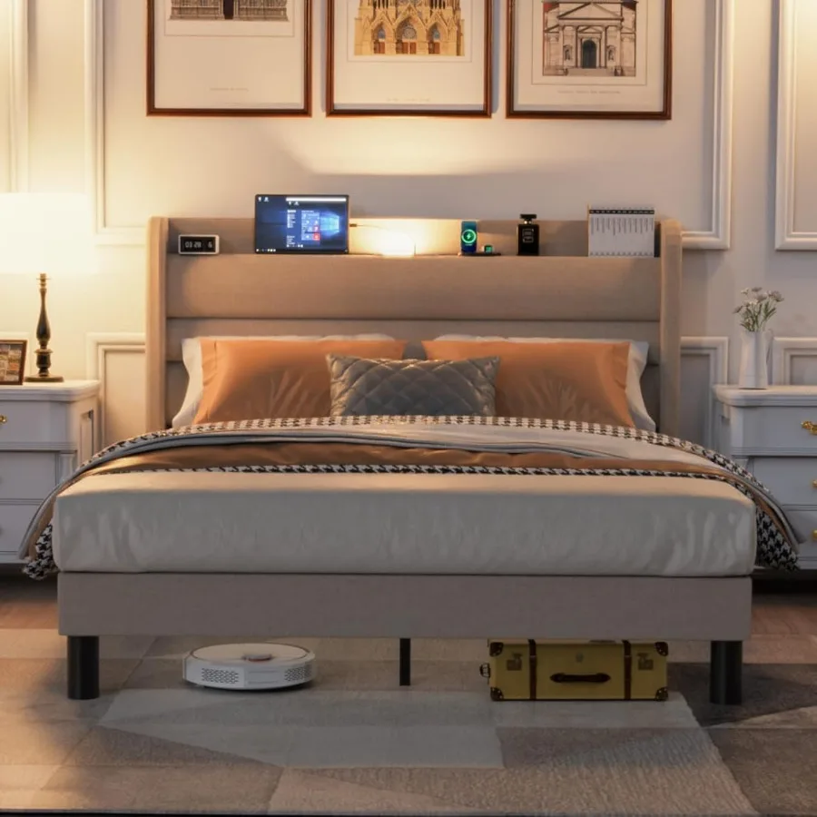 King Size Bed Frame with Integrated Charging Station Featuring TypeC and USB Ports Ambient LED Lighting Linen Upholstered Wingb