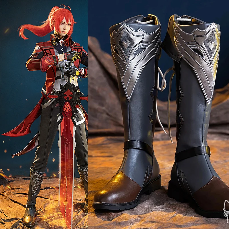 Genshin Impact Diluc Dark Red New Skin Cosplay Shoes Leather Boots Universal Combat Unisex Role Play Used Accessories