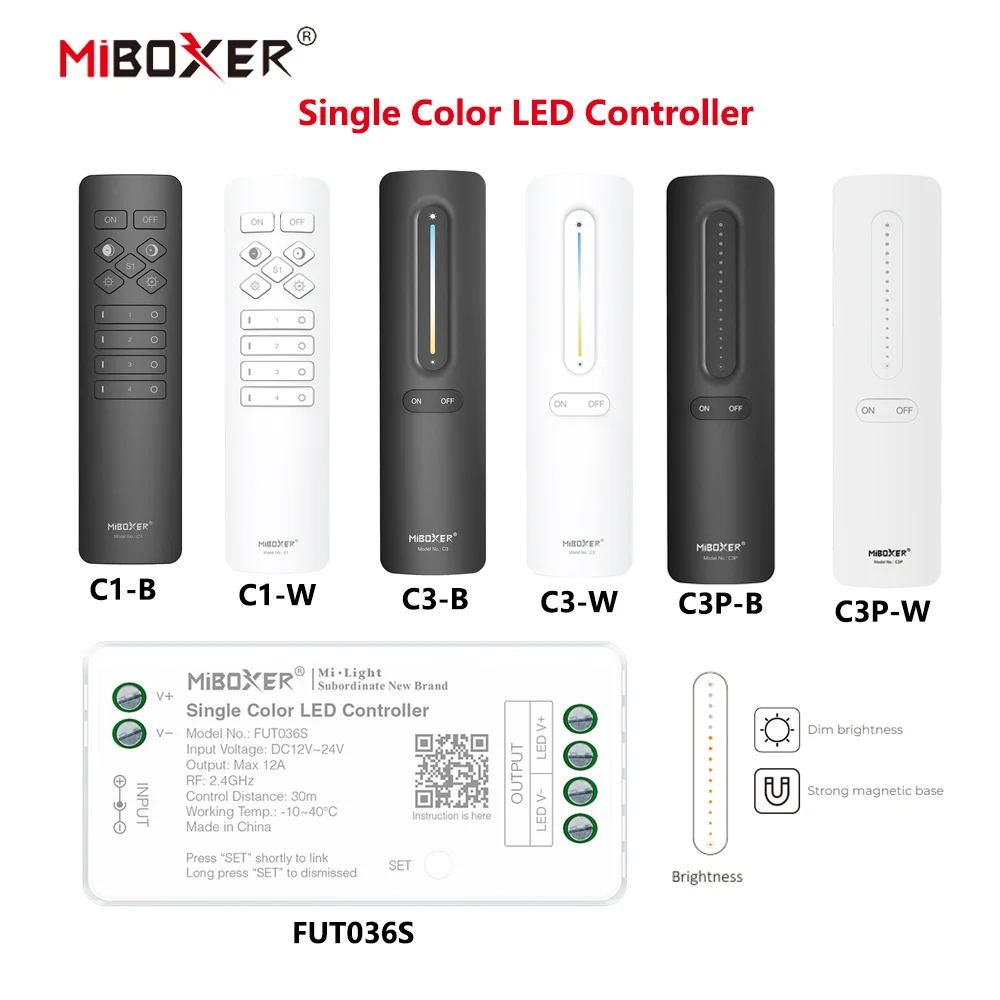 MiBoxer DC12~24V FUT036S+C1 C3 C3P 2.4GHzRF Wireless Single Color 12A/Channel LED Controller For SMD COB/Led Strip Light