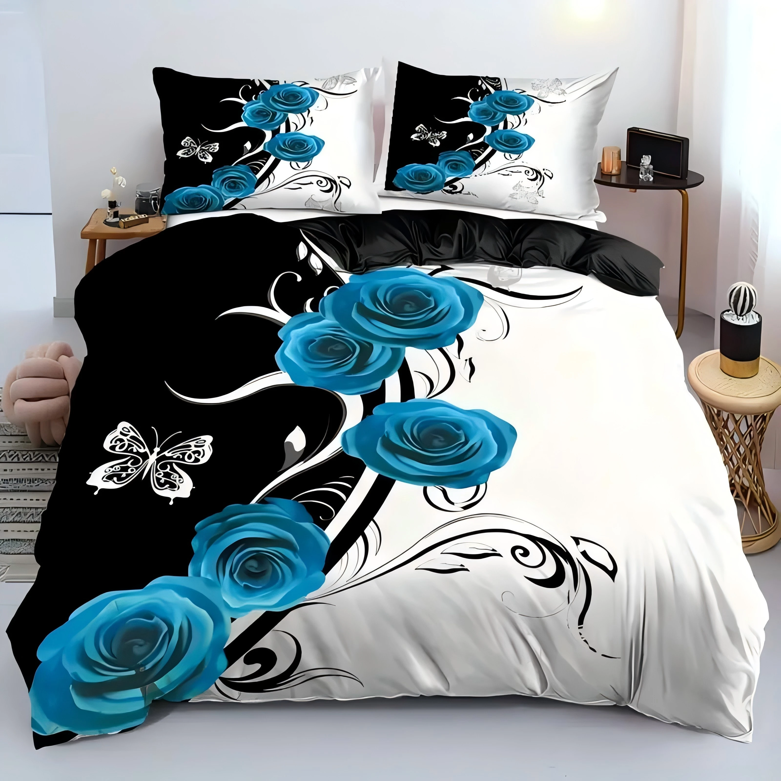 White Butterfly Blue Flower 3D Printed Quilt Cover Beautiful Floral Bedding Cover Pillowcase Luxury Home Textiles Duvet Cover
