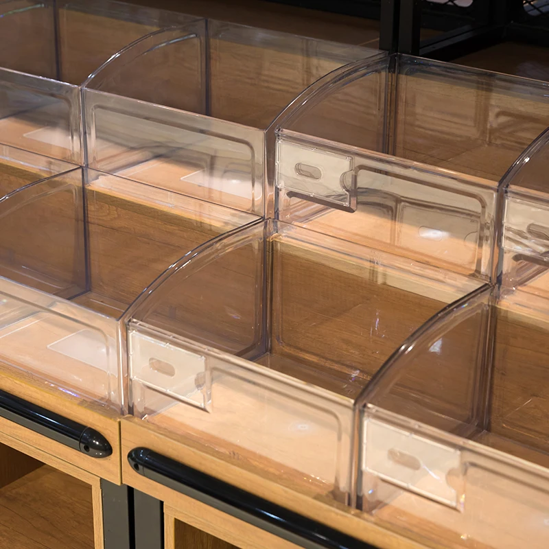 custom.New Design Wooden Shelving Bulk Food Snack Container Table Supermarket and Snack Store Display Snack Rack