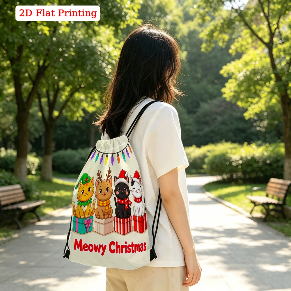 Cute Cartoon Style, Drawstring Backpack, 2D Flat Printing Meowy Christmas Cats Pattern, Fitness Sports Bag, Outdoor Travel Draws