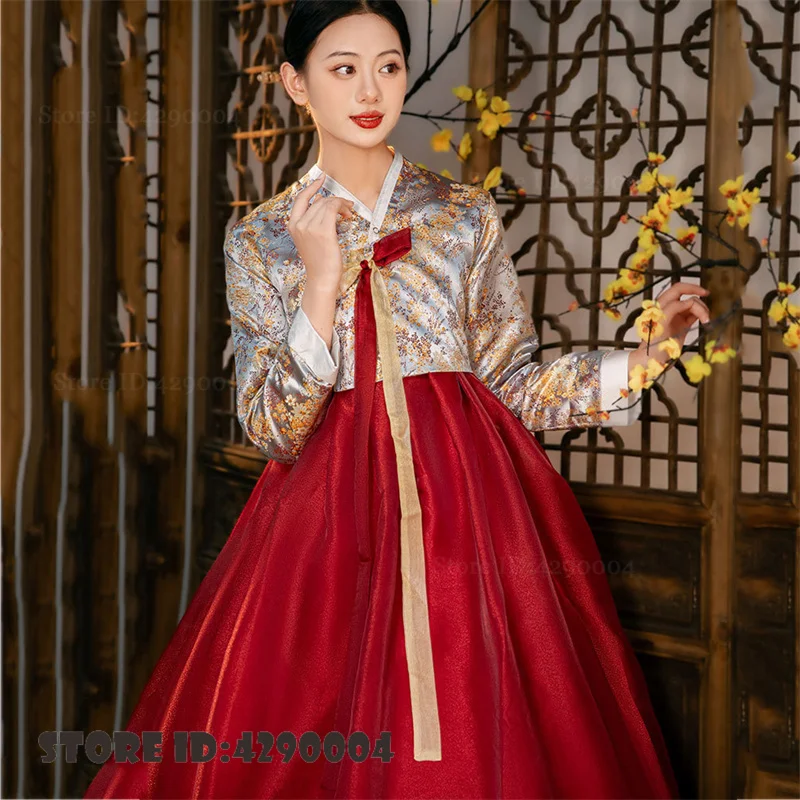 ヴィンテージ女性の韓服ドレス伝統的な韓国服サテンプリント花柄フォークダンスウェアステージパフォーマンススーツウェディングドレス