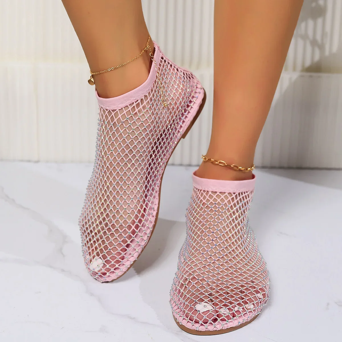 New Luxury Brand2024 Women's Round Toe Flat Bottom Sandals Hollow Short Boots Water Diamond Sexy Flat Slippers Sandals