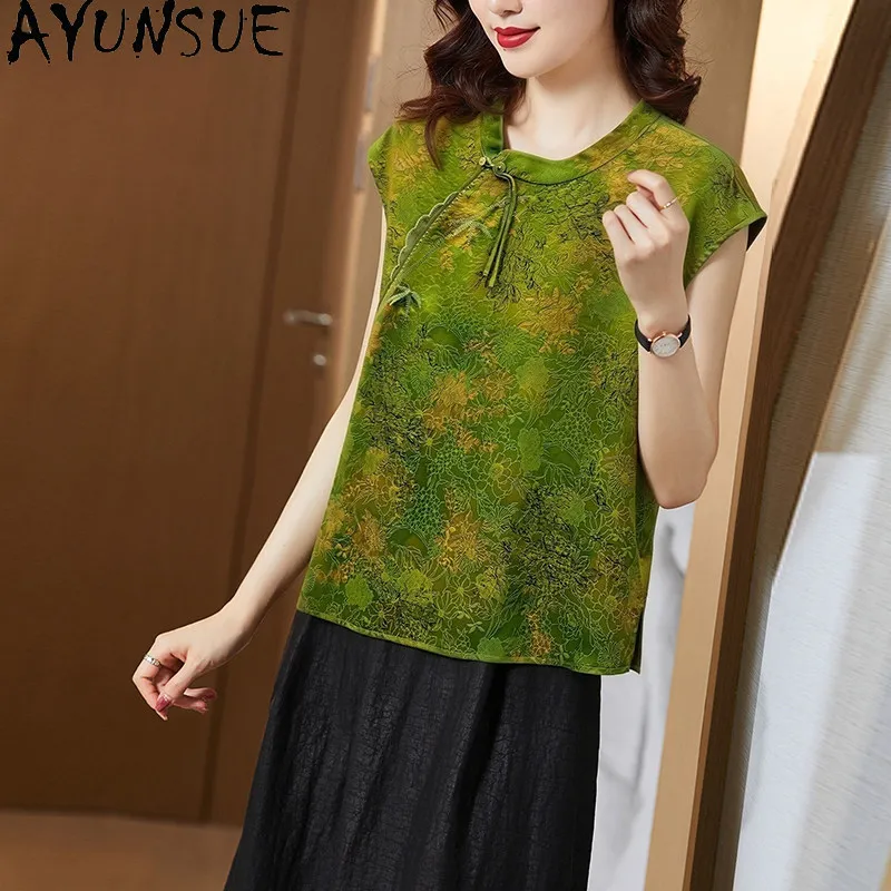 AYUNSUE 100% Real Mulberry Silk Sleeveless Women T Shirts Chinese Style Shirts for Women Summer Frog Button Womens Tops 2026 티셔츠