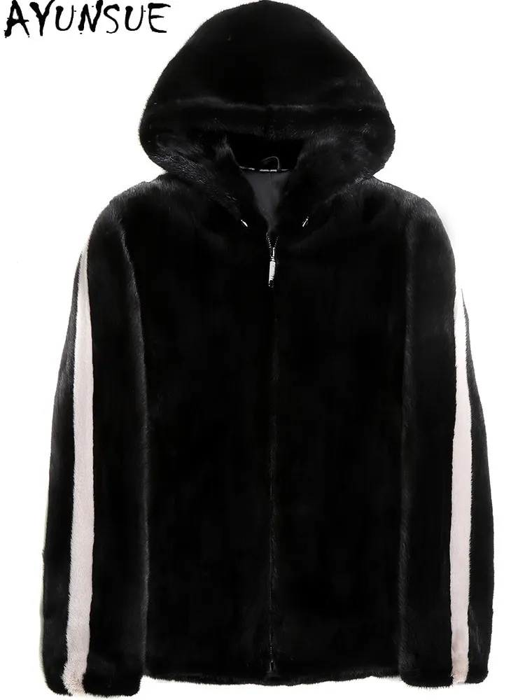 AYUSNUE Natural Mink Coat Men Clothes Fashion Winter Jacket Swan Velvet Whole Mink Real Fur Coats Male Black Hoodie Warm S-7XL