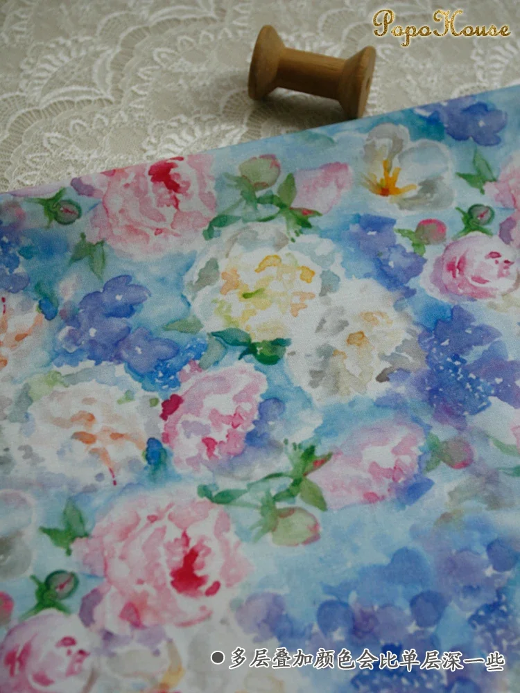 140x50cm Watercolor Fog Blue Flower Digital Printing Pure Cotton Fabric Children's Clothing Dress Clothing Fabric Diy