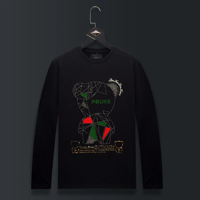 Plus Size Bear Pattern Printed T Shirts Men Fashion Streetwear Mercerized Cotton O Neck Long Sleeve Slim Tshirts Mens Clothing