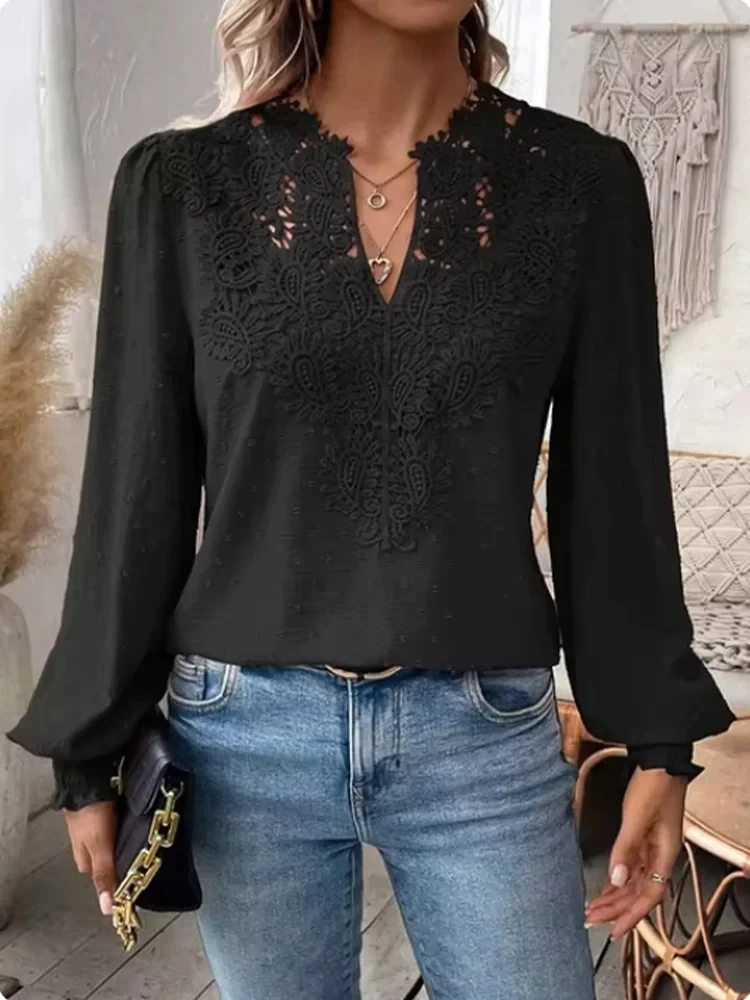 Luksusowy jednokolorowy dekolt w serek z długim rękawem koronkowy top damski T-Shirt z dziurami Lady elegancka biurowa jesienna wiosenna bluzka ubrania