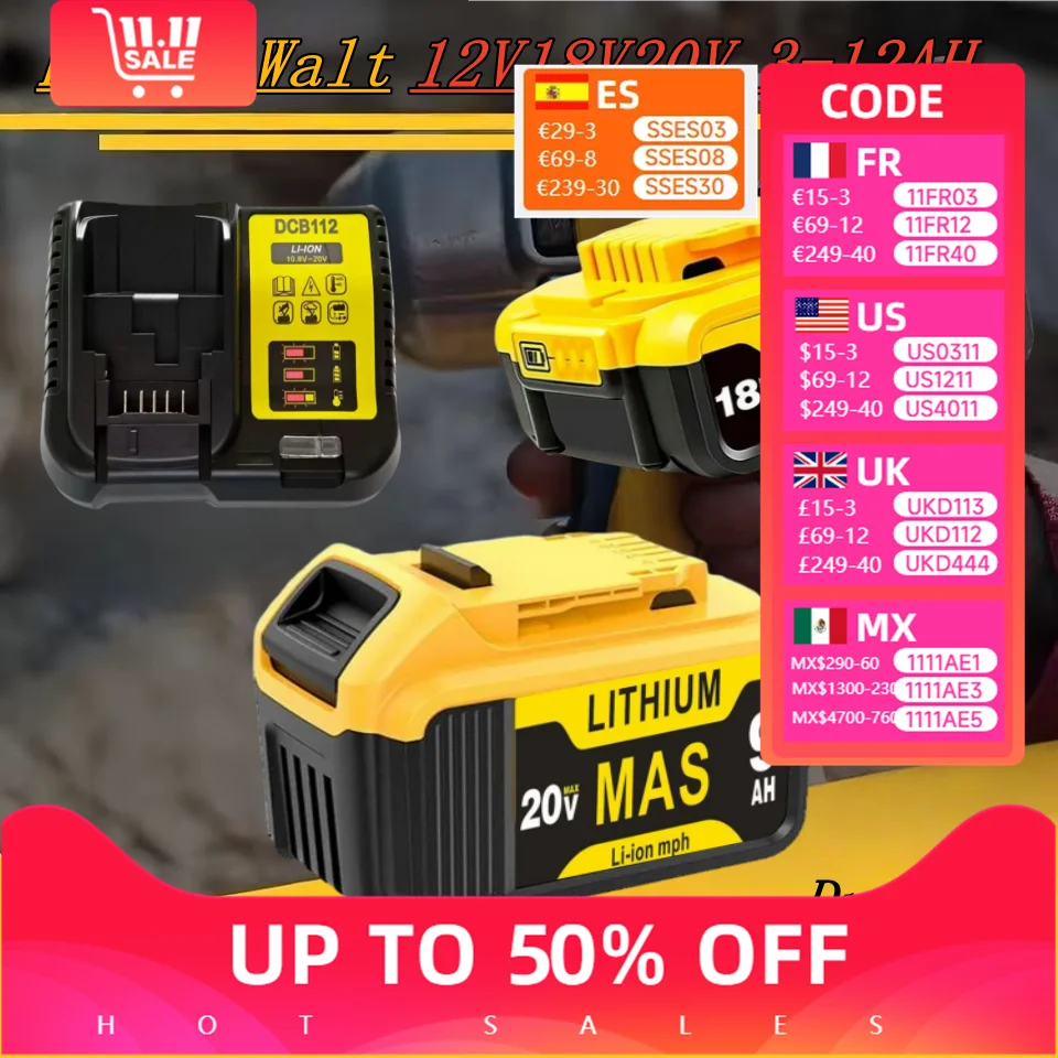 

DC200 12V 18V 20V 3.0Ah 6.0Ah 8.0Ah 9AH 9.5Ah 10Ah 12Ah Battery and Charger Set for Dewalt DCB184 DCB201 DCB204 Power Tools