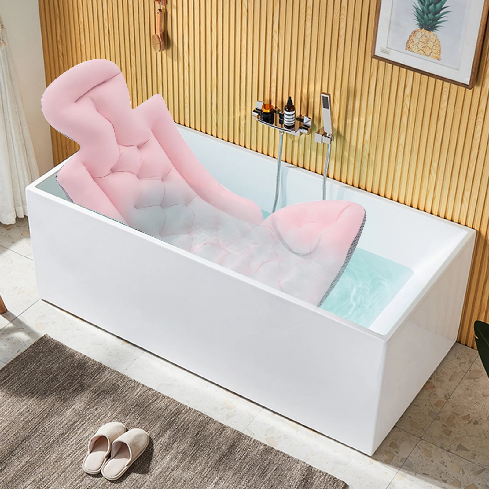 Full Body Bath Mat Luxury Bath Pillow with Suction Cups Non-Slip Bath Cushion for Home Spa and Hot Tub Bathtub Mattress Pink