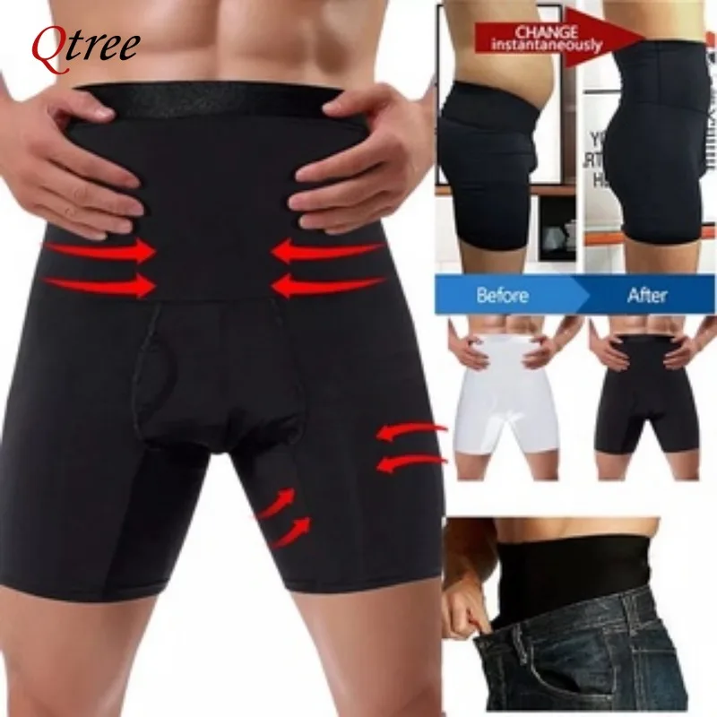 Qtree Men High Waist Tummy Control Body Shaper Plus Size Shapewear Shorts Slimming Waist Trainer Shaping Compression Underwear