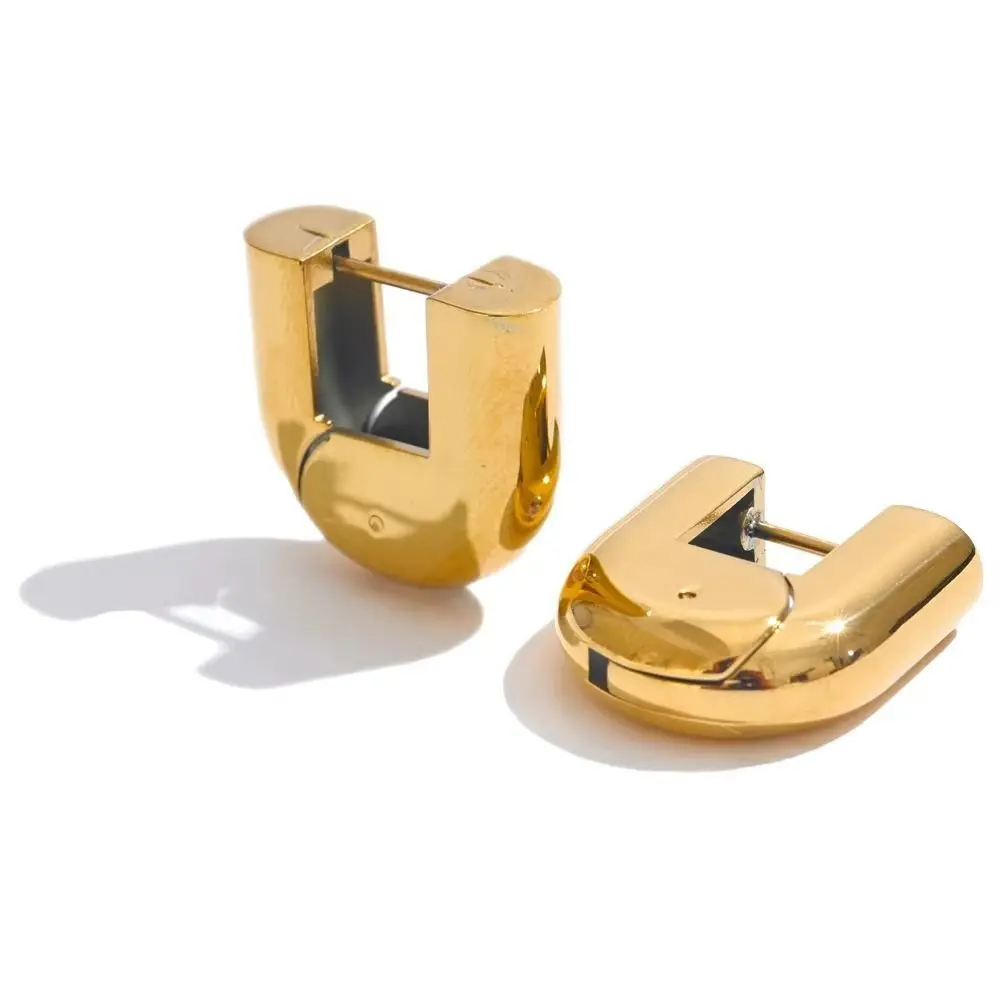 Polished PVD U Shape Hoop Earrings Waterproof Glossy Finish Chunky Hoop Earrings 18K Gold Plated Heavy Design Huggie Hoops - view 3