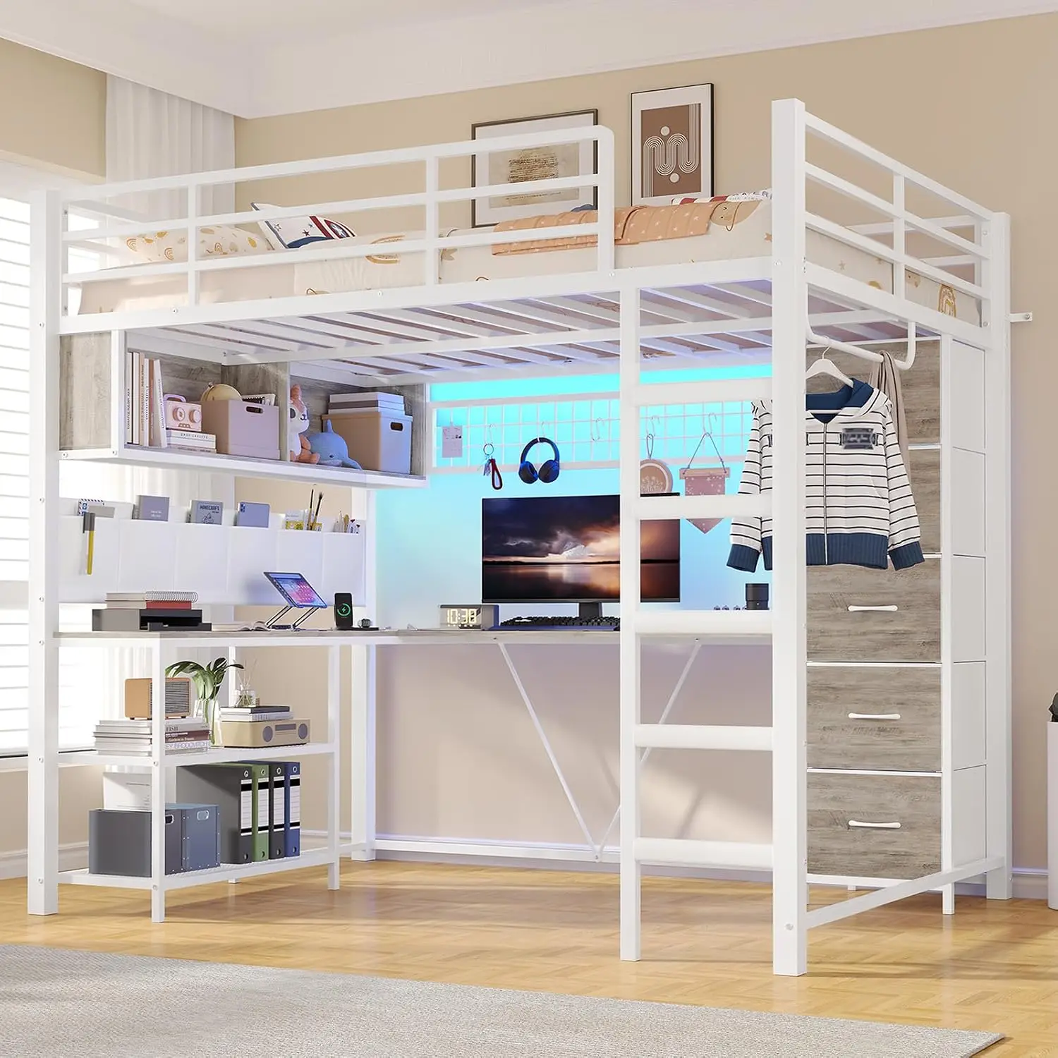 Loft Bed Full Size with L-Shaped Desk and 5 Storage Drawers, Full Size Loft Bed with Charging Station and LED, Customized