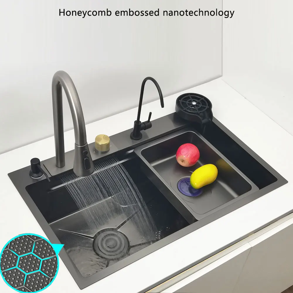 Imagem -02 - Honeycomb Anti-scratch Cachoeira Faucet para Cozinha Nano Sink Aço Inoxidável Topmount Única Tigela Lavatório