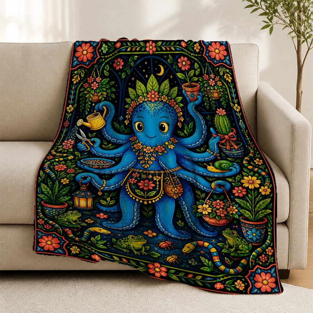 Boho Octopus Throw Blanket Sofa Decor Tropical Ocean Print Cottagecore Mythical Coastal Cushion Runner for Living Room Sofa