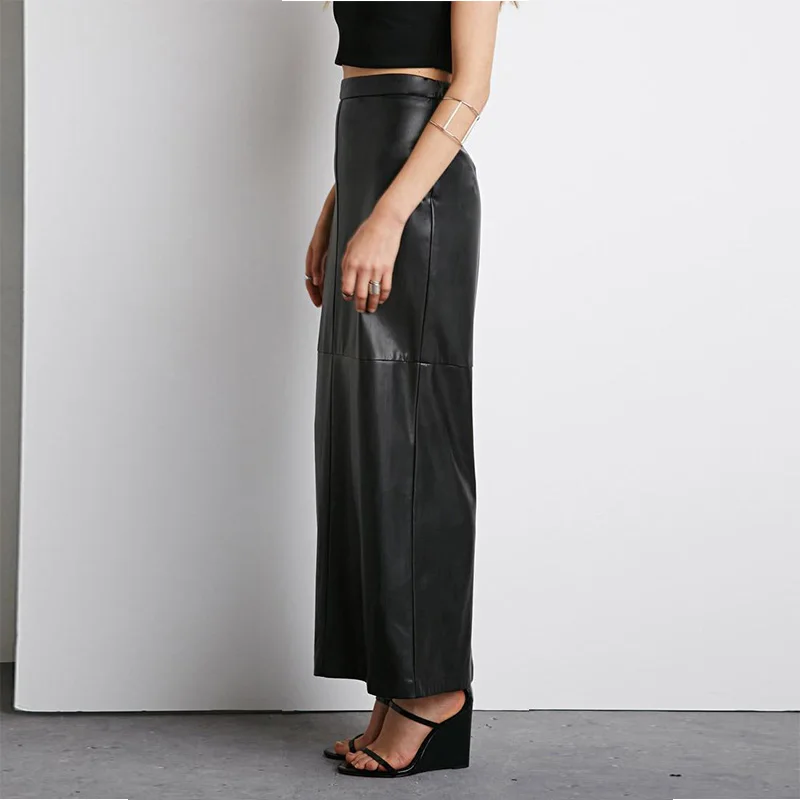 Women's Elegant Skirt Office Lady Fashion PU Leather Midi Long Skirts Women Slim High Waist Black Skirts Spring Autumn 2024 New