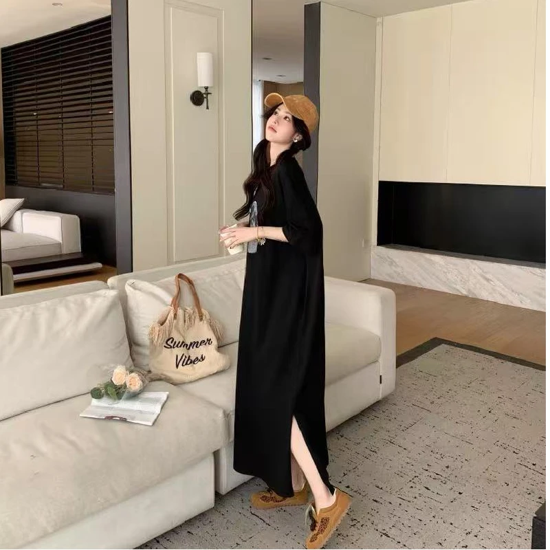 Jupe T-shirt ample mi-longue avec fentes, style coréen, décontracté, en Polyester, ort Sve, Tube droit, h-ape Dr