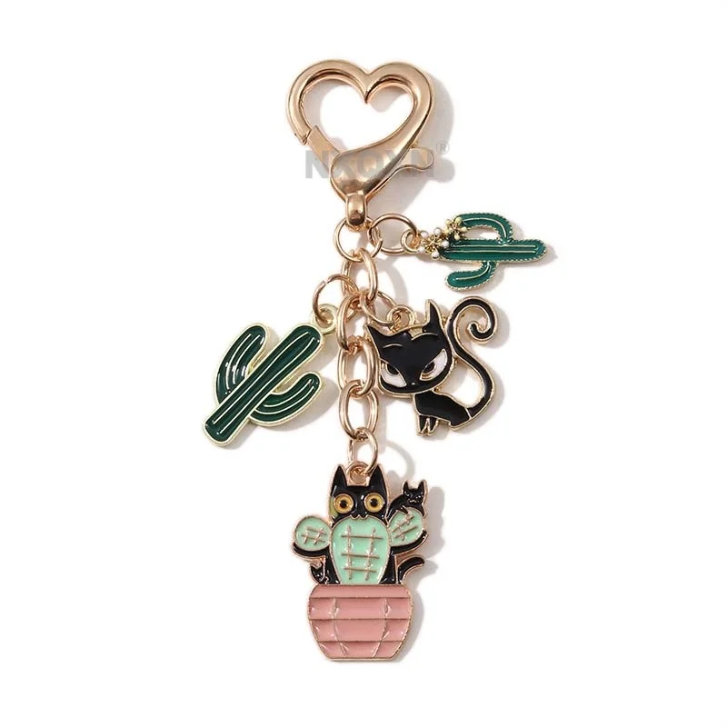 1pc Black Cat Potted Plant Cactus Enamel Keychain Cute Animals Plant Key Ring For Women Men Handmade Good Gift Jewelry