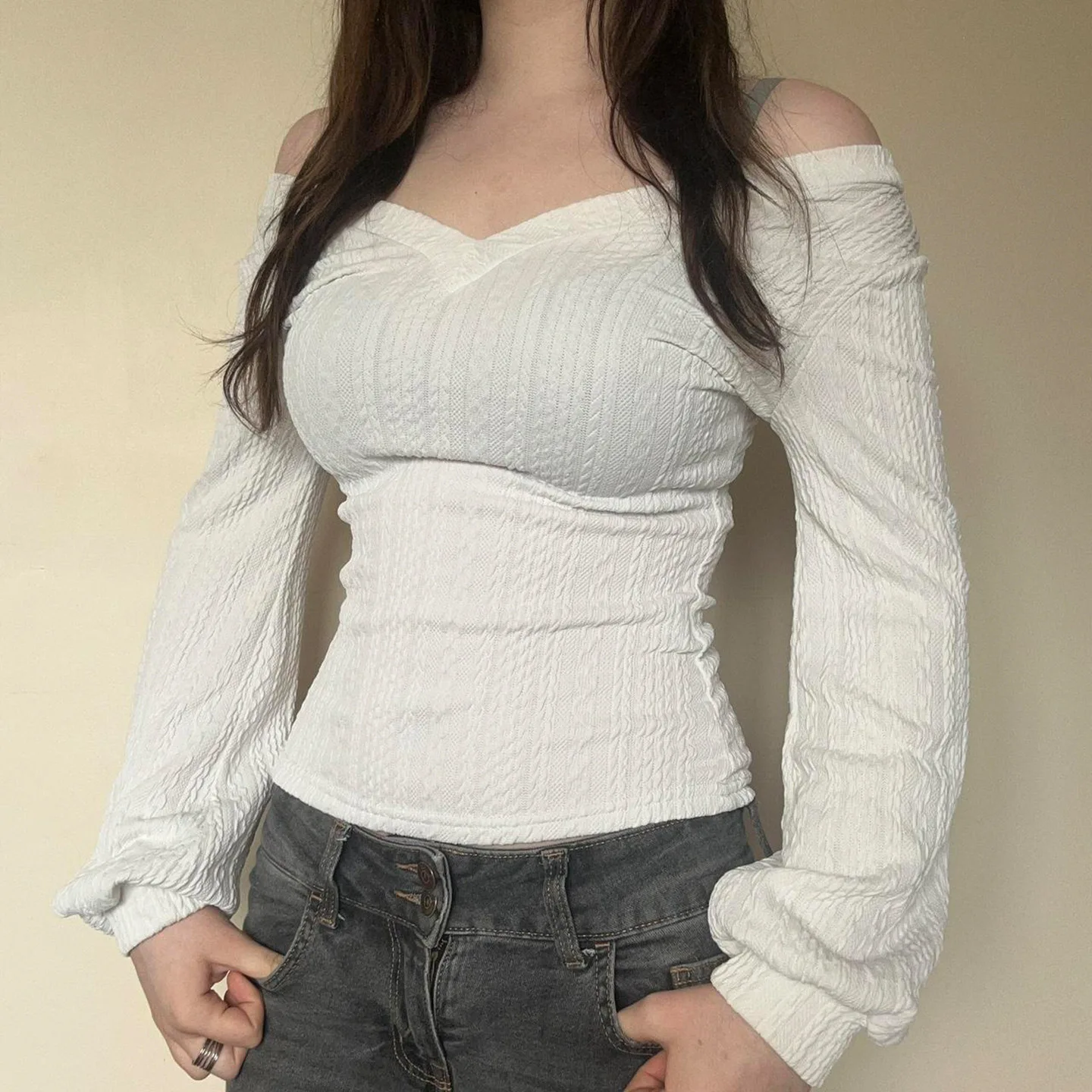 Sexy Off Shoulder V Neck Texture Pattern T Shirt Women Long Sleeves Bottoming Shirt Ladies Tee Shirt Tops Mujer
