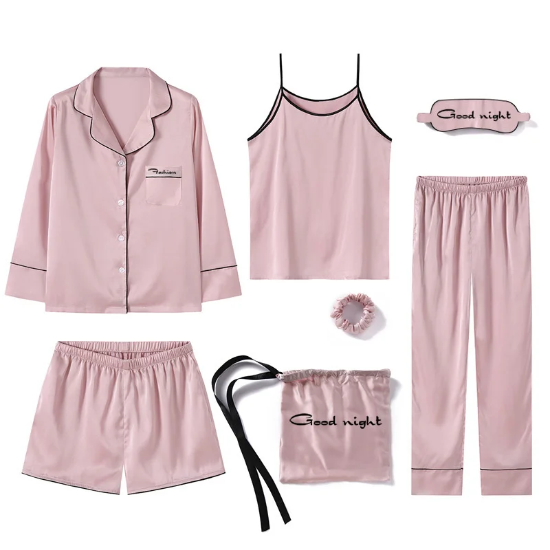 Spring Autumn 7 Pieces Set Silk Elegant Women Pajamas Print Shorts Long Sleeve Top Elastic Waist Pants Lounge Sleepwear