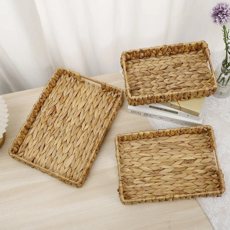 

Water Hyacinth Straw Storage Basket Household Desktop Tray Snack Bread Toy Organizer Eco-Friendly Wicker Basket