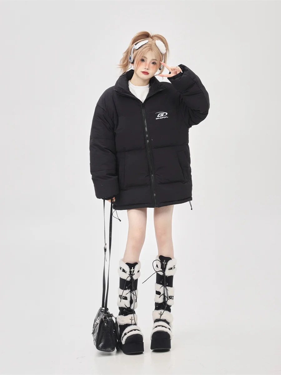 Original Black Women's Puffer Jacket 90% White Duck down Stand Collar Winter Coat Bread Style Small Size Couple Cotton Clothes