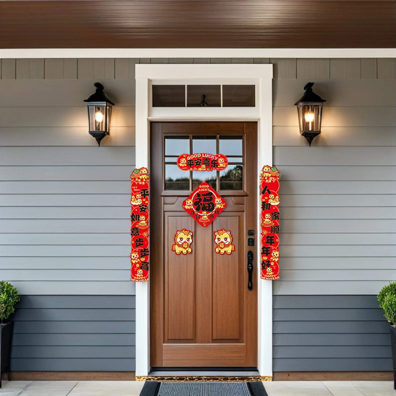 Juego de coplas de puerta Cny de 6 uds., pancartas de desplazamiento rojas con diseño del zodiaco de caballo auspicioso 2026 con pegatina cuadrada Fu para puerta delantera Lunar