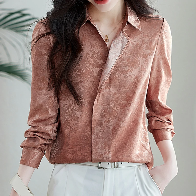 

Женские шелковые блузки с принтом, элегантные офисные топы с длинным рукавом, корейская мода, простые повседневные рубашки в стиле OL