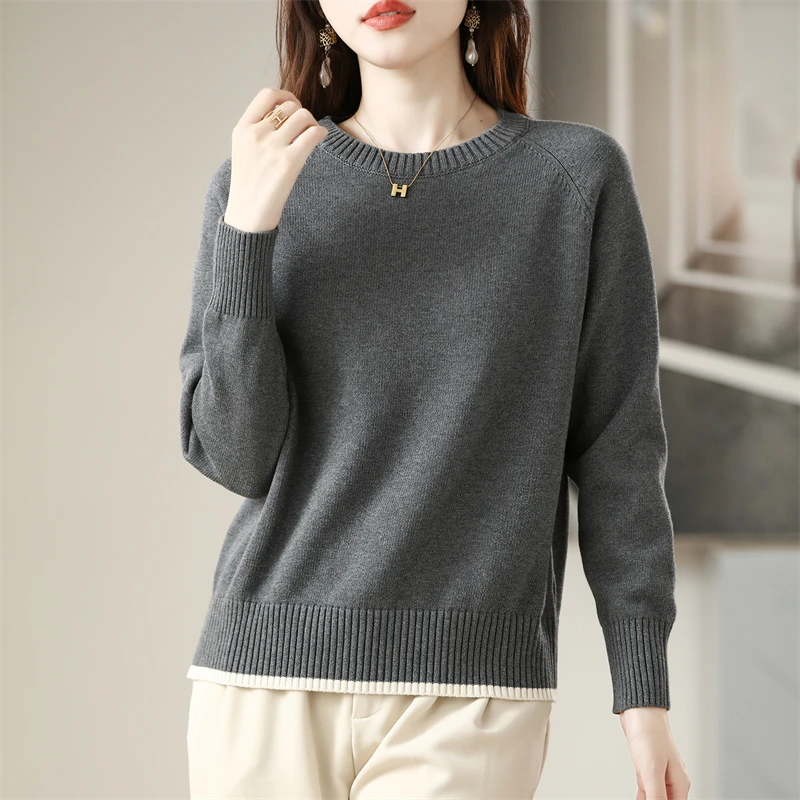 Autumn and Winter 100% Pure Cotton Women's Sweater Casual Knitted Round Neck Pullover Loose Long-Sleeved Versatile Women's Top