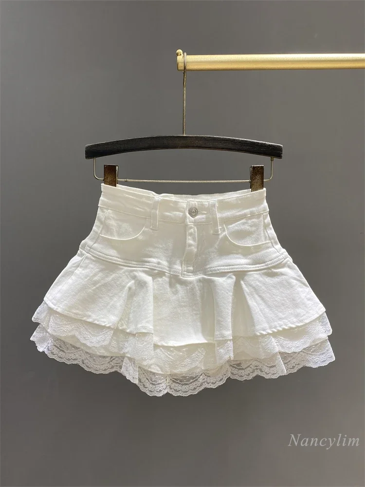 

Niche Splicing Ruffle Edge Denim Skirt for Women Spring Summer New High-waisted A-shaped Tutu Skirt Spice Girl Dance Miniskirt