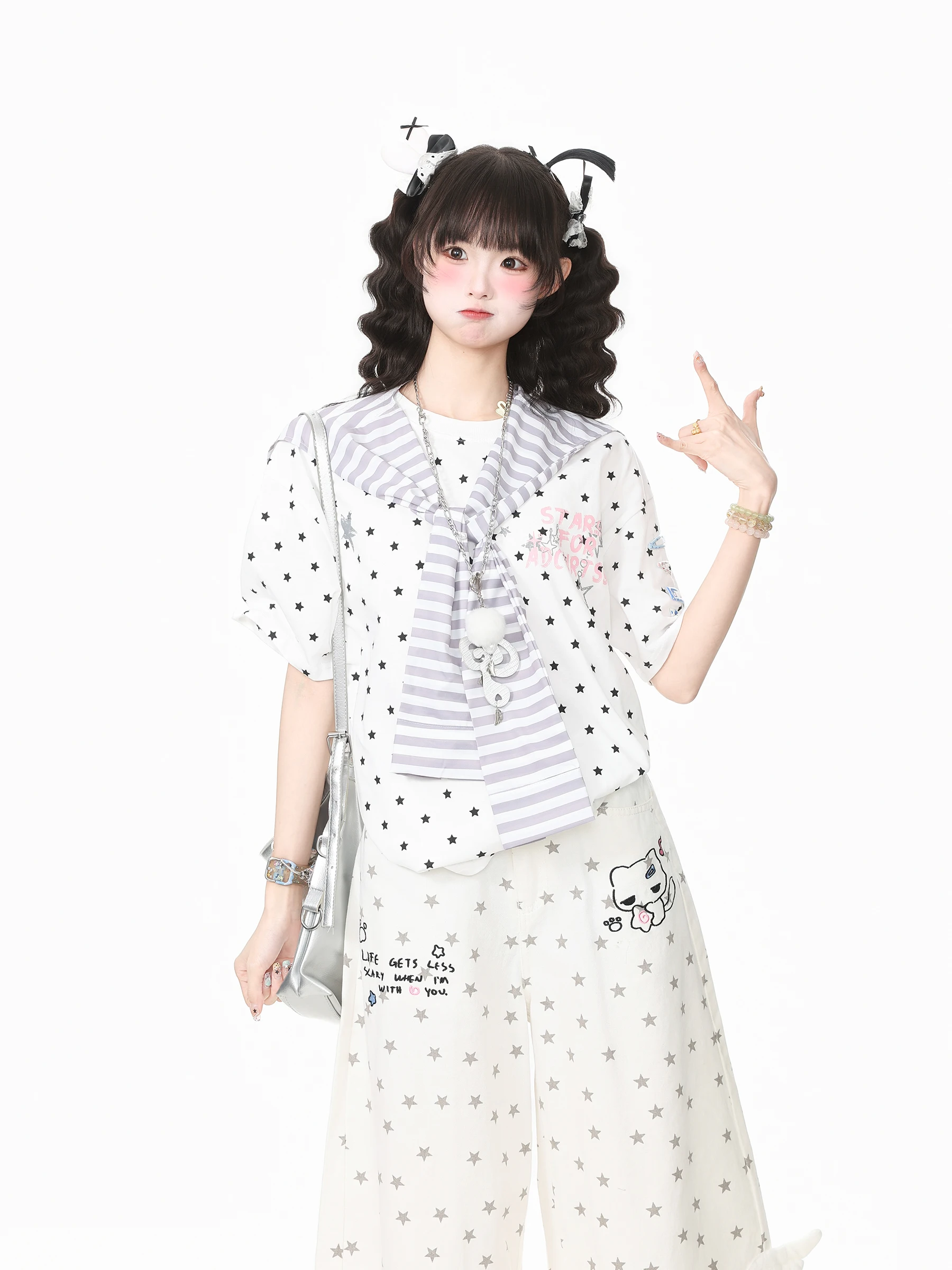 Summer Casual Sweet Style Star Print Shoulder T-Shirt Women's Short Sleeve Top Languid Park Blue Ghost Park Princess Cute