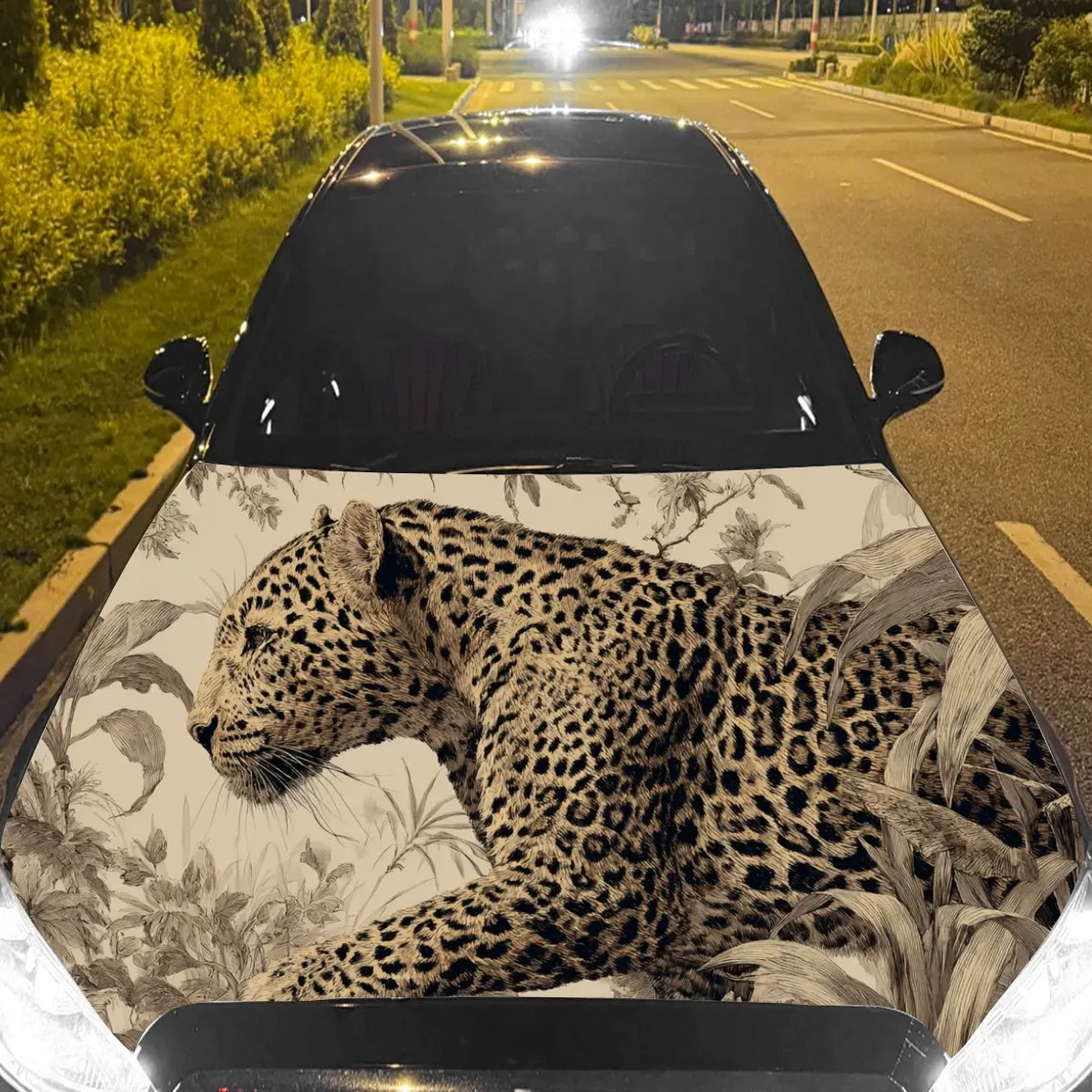 Car Decal Leopard in Monochromatic Botanical Background & Artistic, Timeless-Natural Visual Details Car Hood Sticker, Waterproof