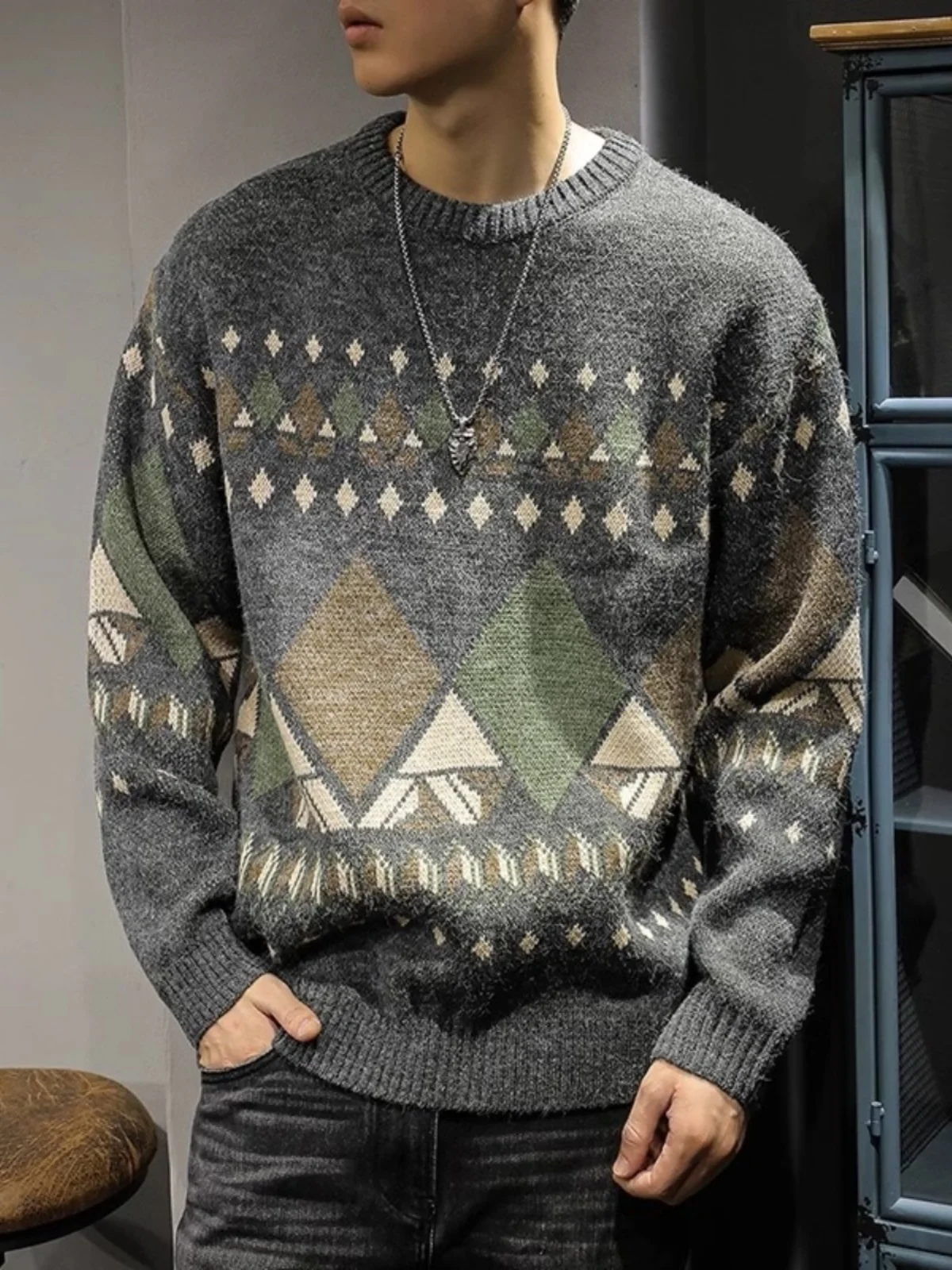 

Модный мужской вязаный свитер с круглым вырезом, свободный крой, в этническом стиле, повседневный, американский ретро-стиль, осенне-зимняя вязаная верхняя одежда