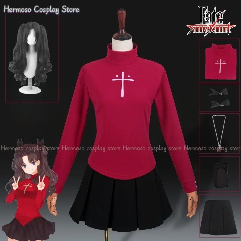 

Anime Fate Stay Night Tohsaka Rin Cosplay Costumes Wig Girl Embroidery Red Shirt Skirt Women Halloween Costumes Necklace Set