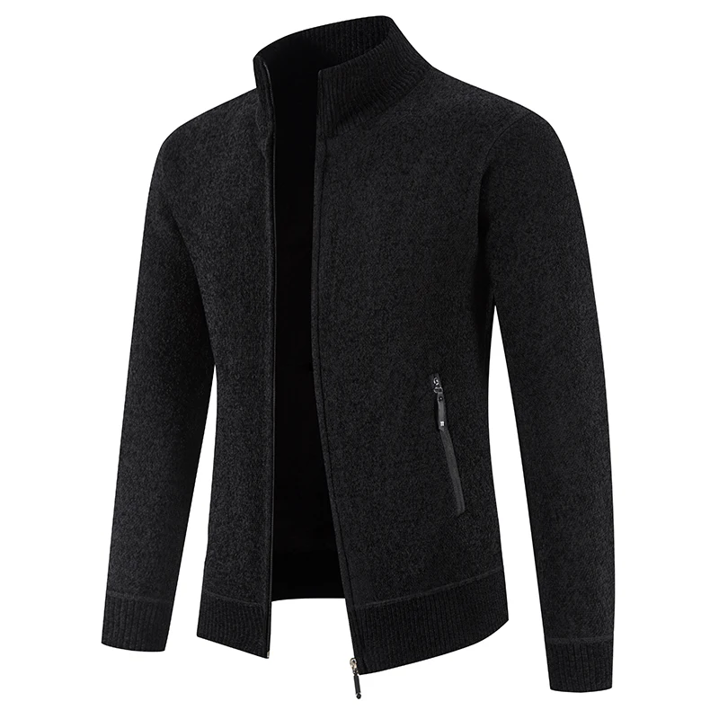 Nova Jaqueta Casual para Homens Camisola Cardigan Slim Solid Stand Collar Zipper Primavera Inverno Grosso Quente Roupas Masculinas