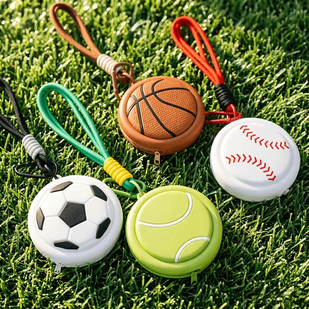 1pc Silicone Baseball/Basketball/Football Coin Purse Keychain, Trendy Sports Style, Portable Pendant, Earphone/Key Storage Bag