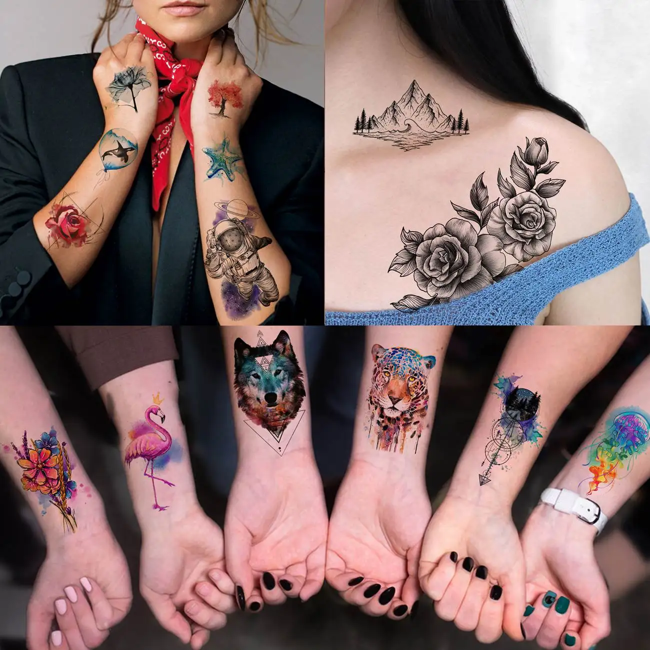 Tatuajes temporales de Tigre, León y búho para hombres y mujeres, pegatina de tatuaje realista, esqueleto, flor, Kits de tatuajes falsos, 31 hojas