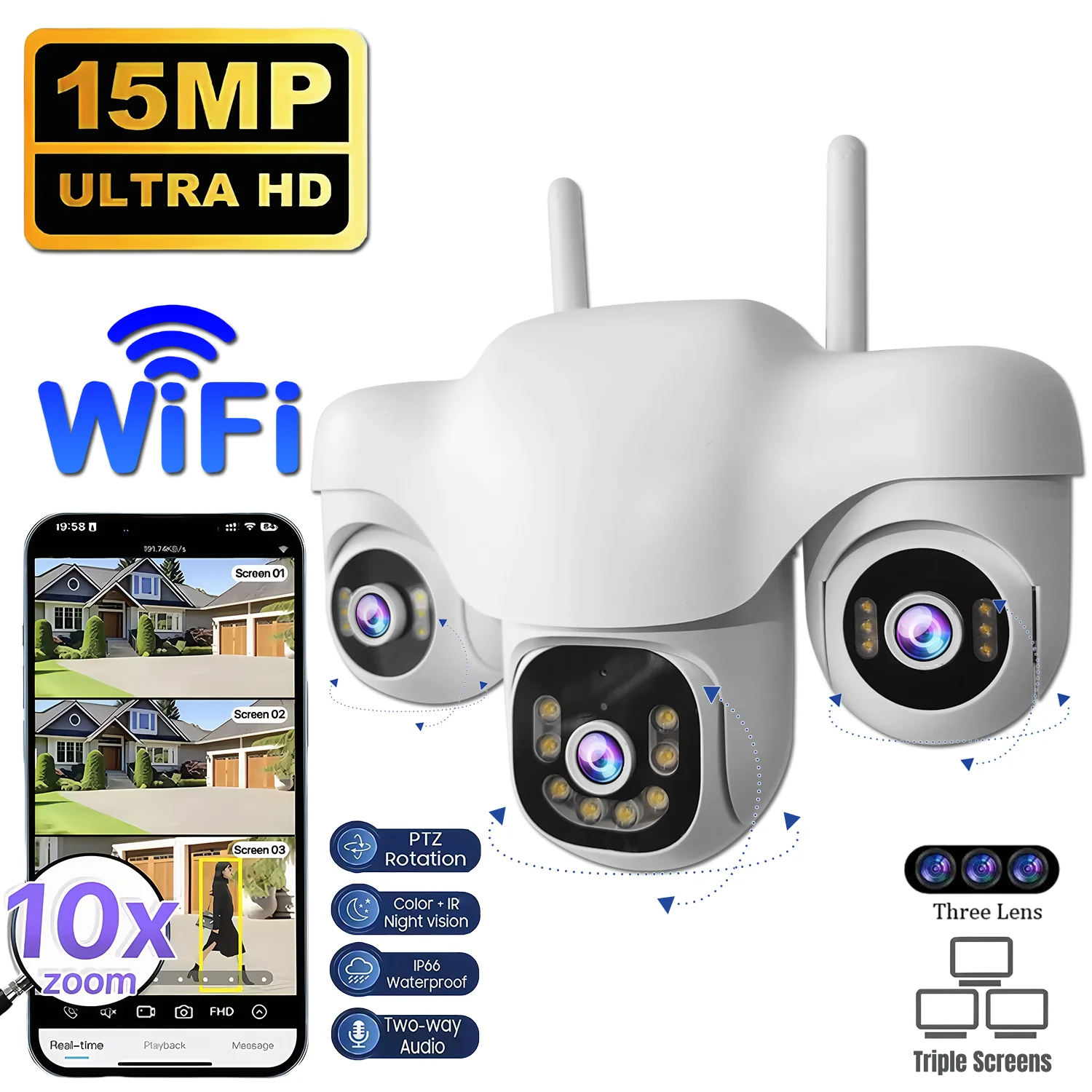 كاميرا واي فاي 15 ميجابكسل، ثلاثة عدسات PTZ، ثلاثة كاميرات IP، تتبع تلقائي بشري، خارجي مقاوم للماء، مراقبة أمنية ذكية CCTV