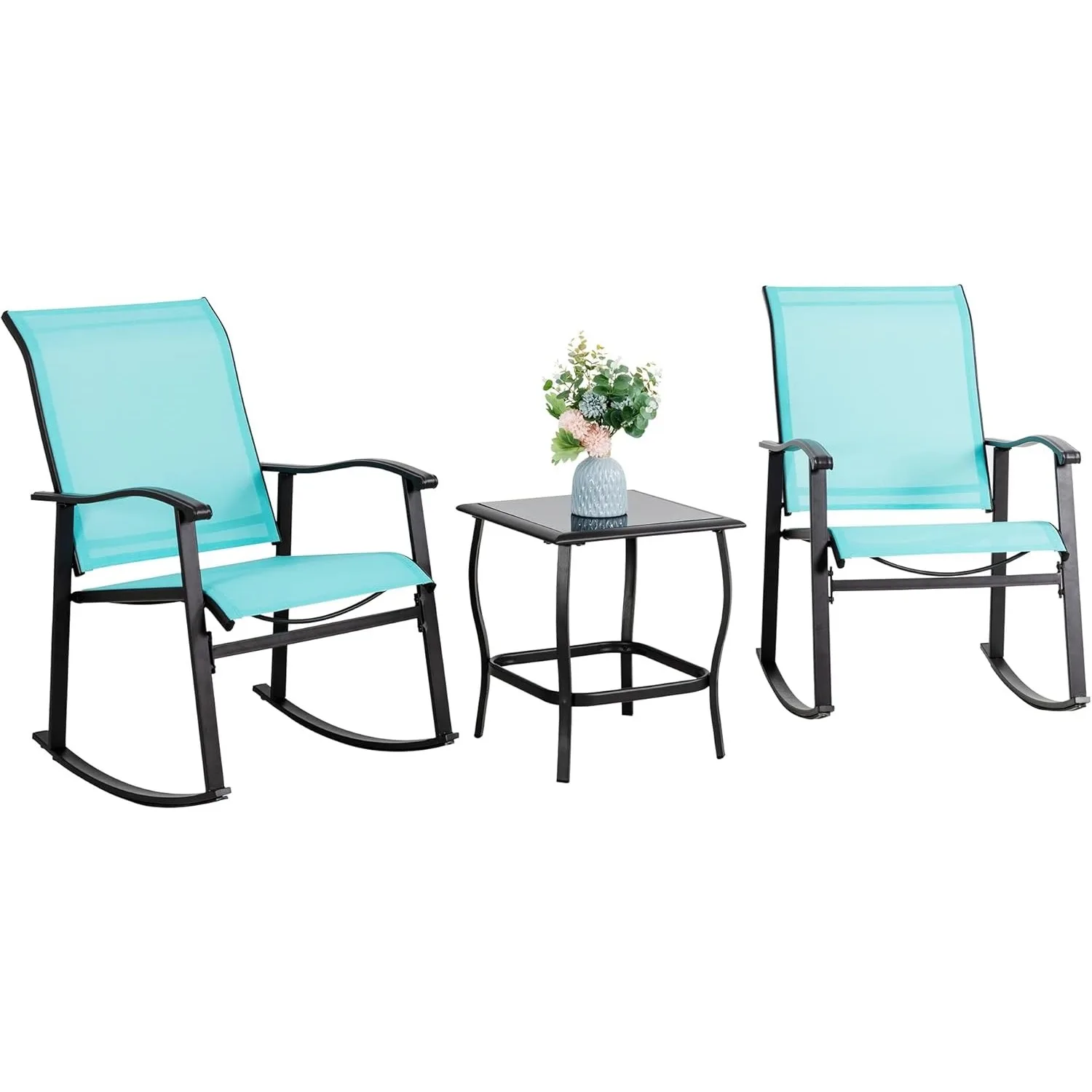 3 Piece Outdoor Rocking Bistro Set, Textilene Fabric Small Patio Furniture Set, Front Porch Rocker Chairs Conversation Set(Blue)