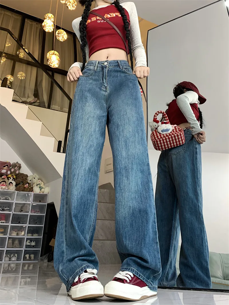 

Синие широкие джинсы в стиле ретро, женские летние тонкие свободные брюки прямого кроя с высокой талией, удобные классические джинсовые брюки