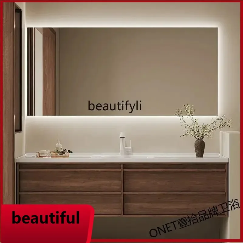 

f156 Asmt52 Designer retro walnut rock slab hot curved bathroom cabinet double basin sink washstand