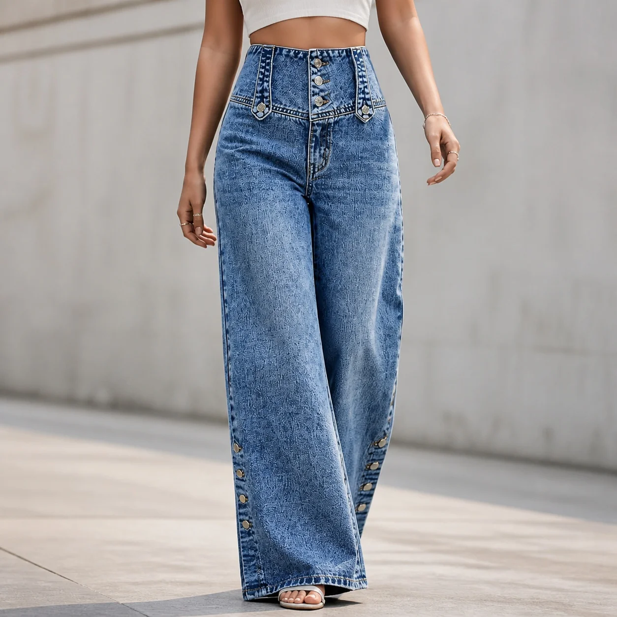 Women's Y2K Baggy High Waist Wide Leg Flared Hem Button Detail Washed Cotton Long Streetwear Retro Jeans for Women Y2K Clothes