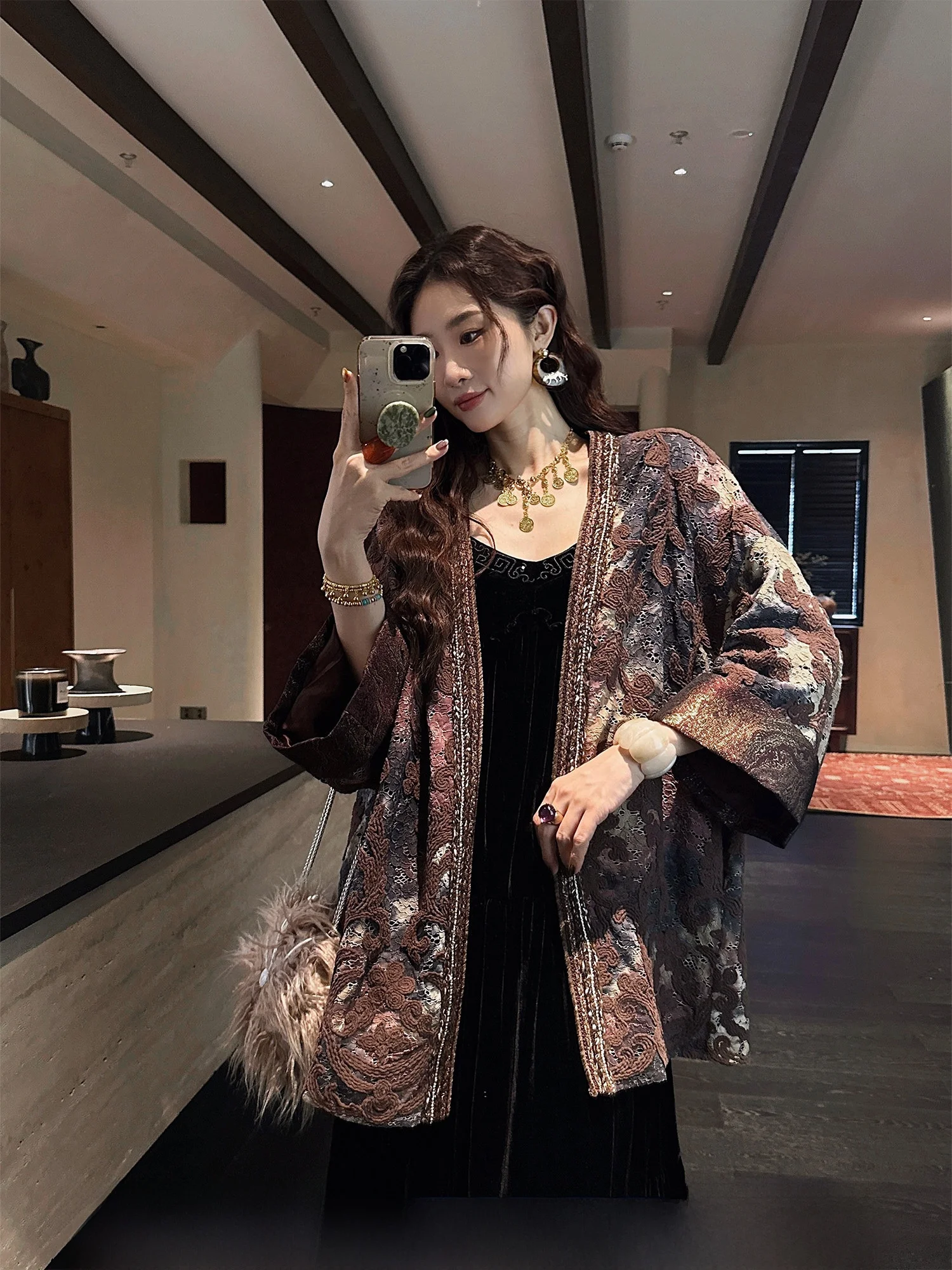 

Sanji Bla Flower Early Autumn Outerwear Lace Dyed Rope Embroidery Women's Loose Fit Long Sve Coat Button Closure