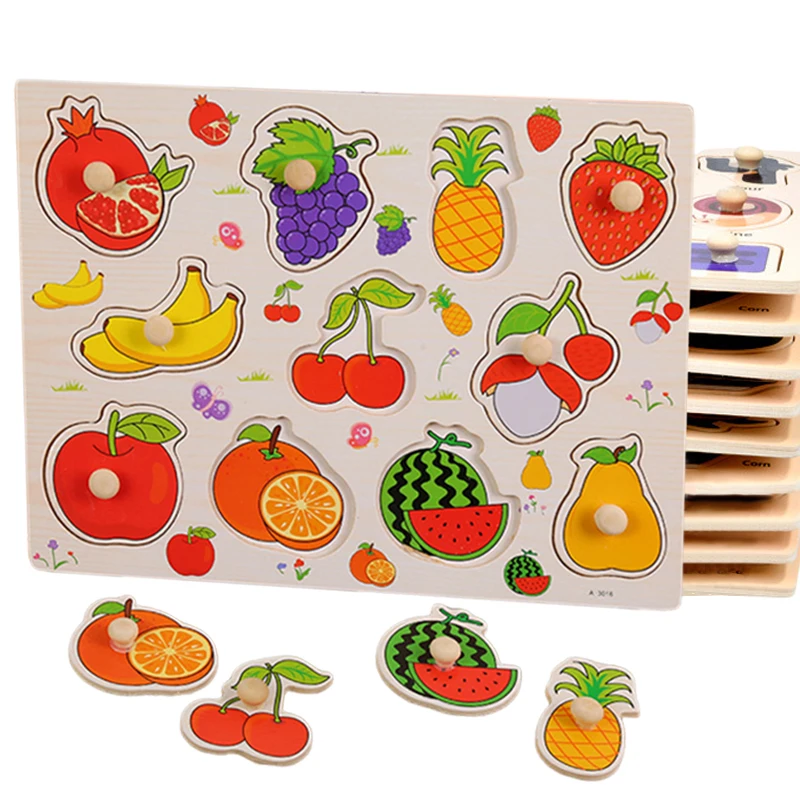 Wooden Puzzle Montessori Toys for Children Cartoon Animal Traffic Hand Grab Boards Early Learning Educational Toy for Kids TMZ